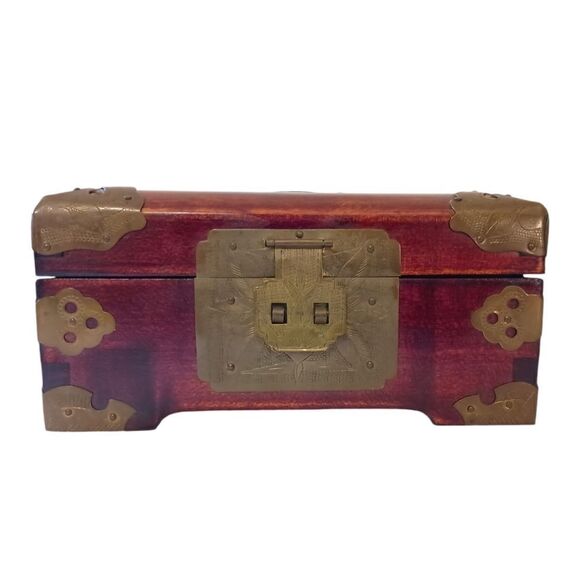 Vintage Cloisonne Wooden Jewelry Box Asian Brass Floral Rosewood Silk Lined - Picture 9 of 16